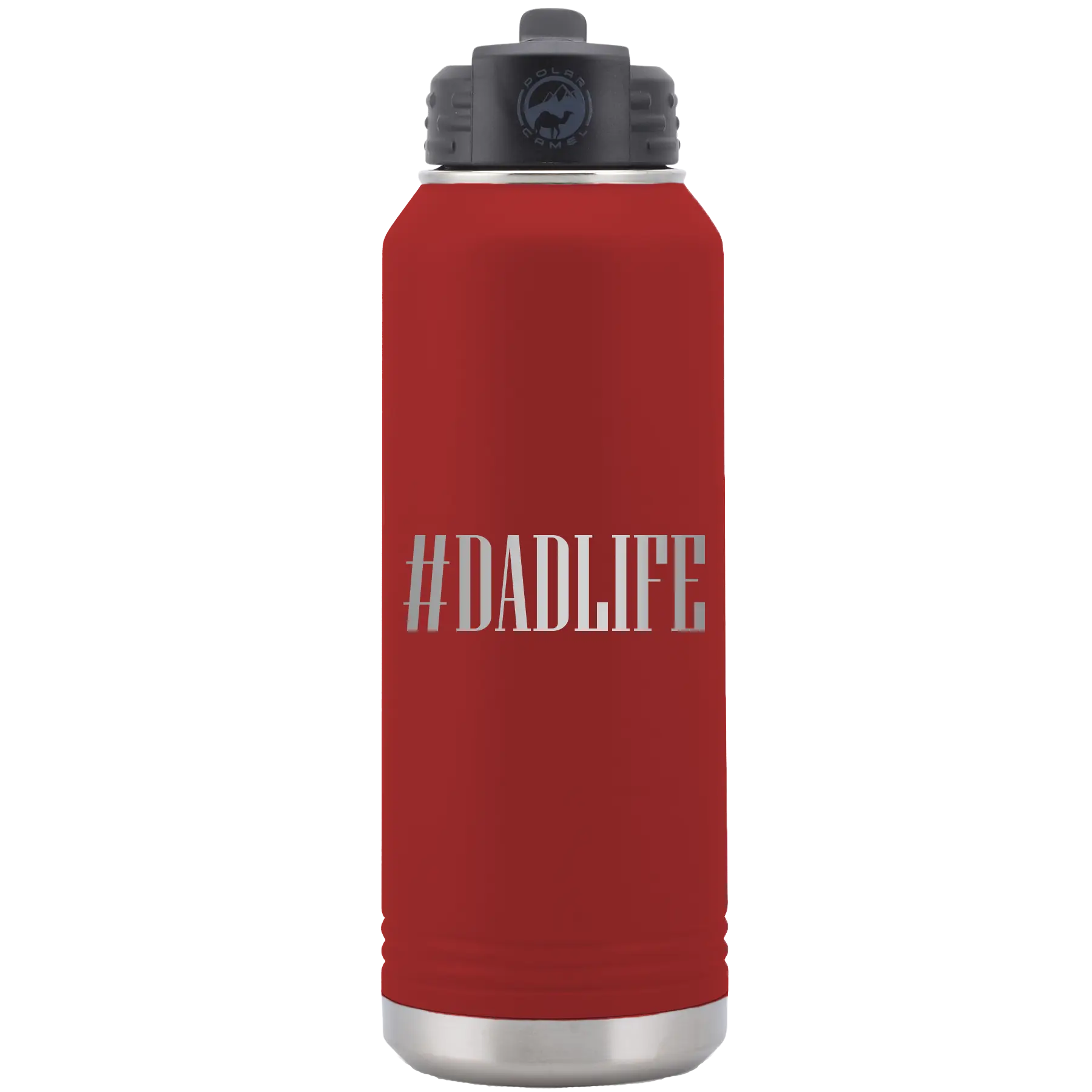 Laser etched maroon 32 oz vacuum insulated water bottle with 'Dadlife' design