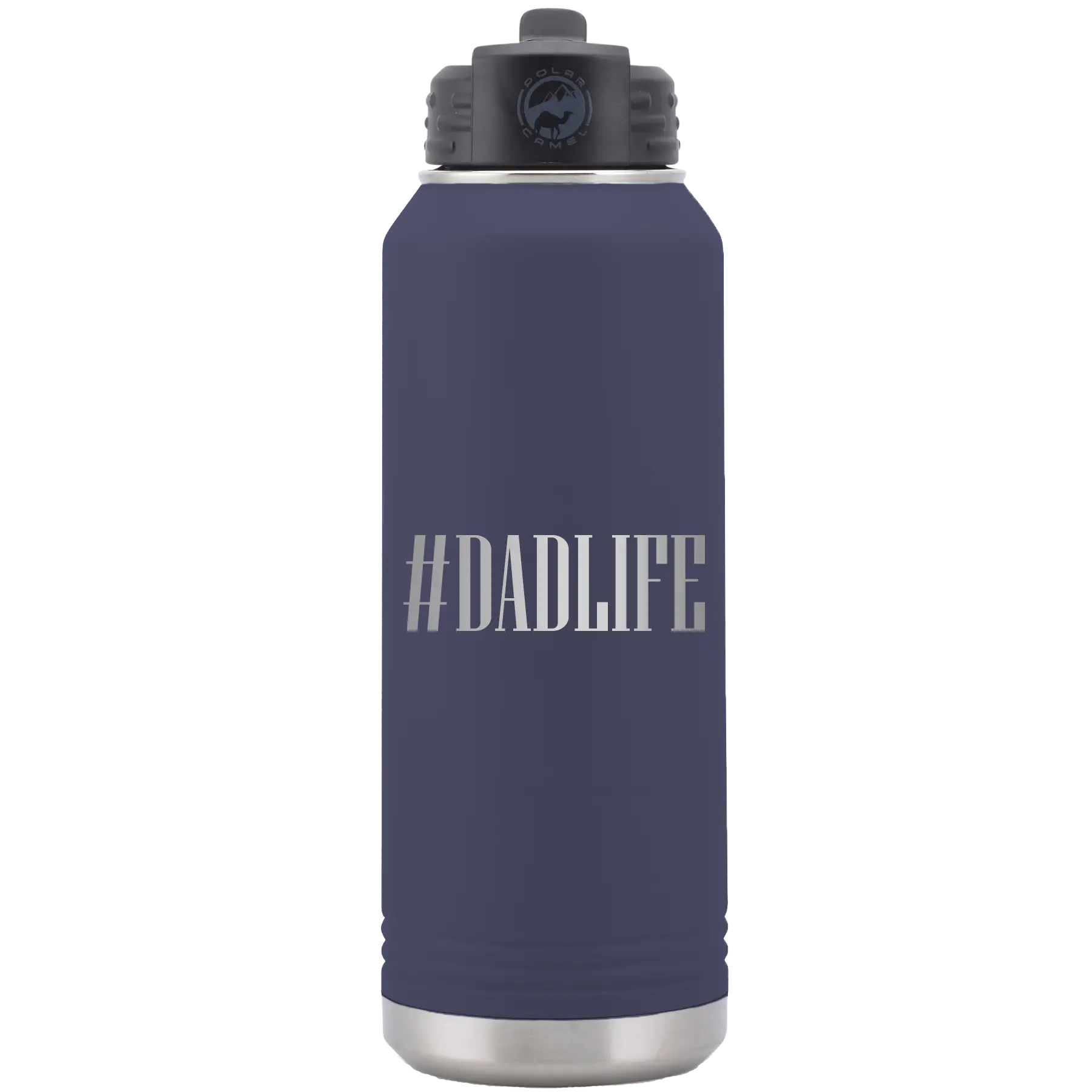 Laser etched navy 32 oz vacuum insulated water bottle with 'Dadlife' design