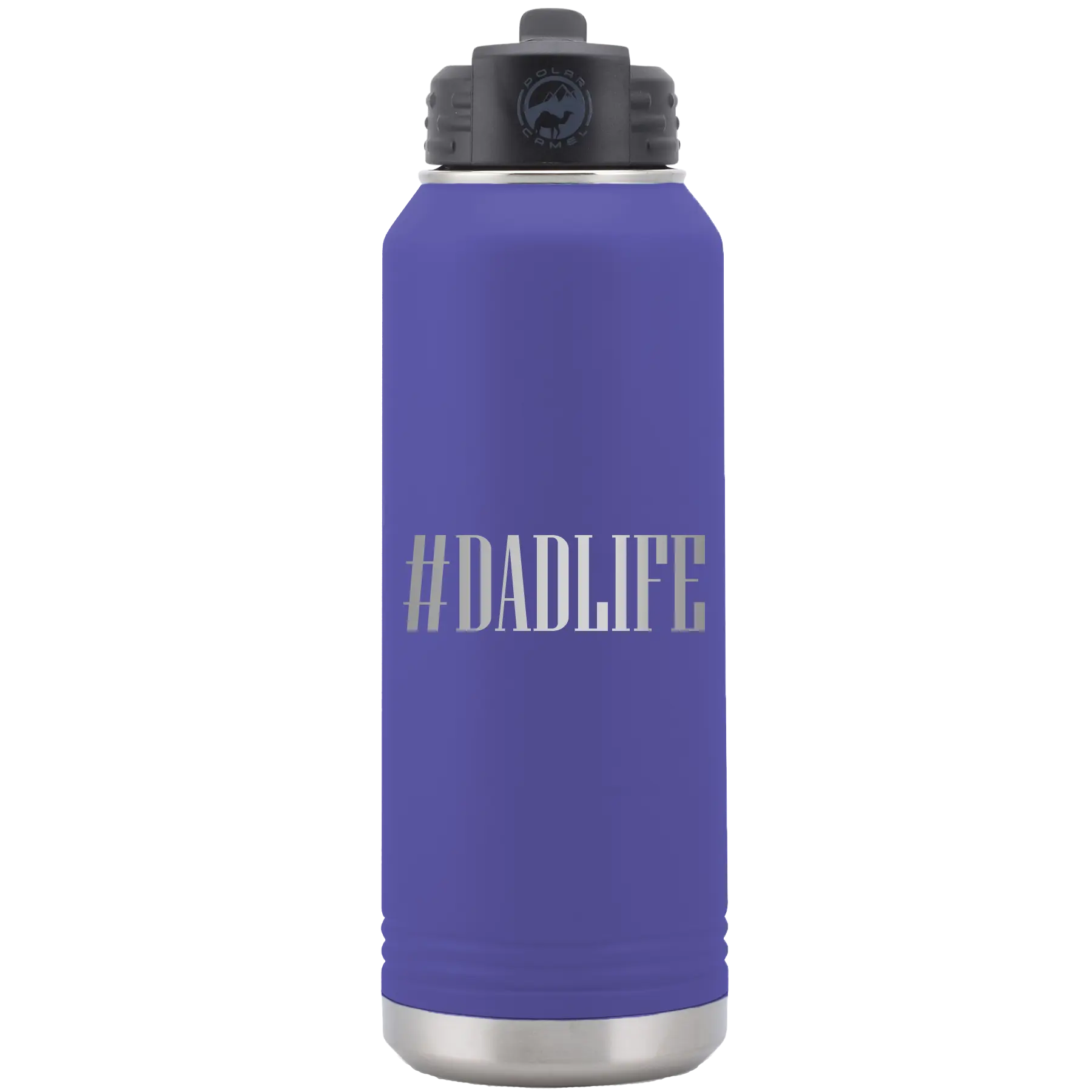 Laser etched purple 32 oz vacuum insulated water bottle with 'Dadlife' design
