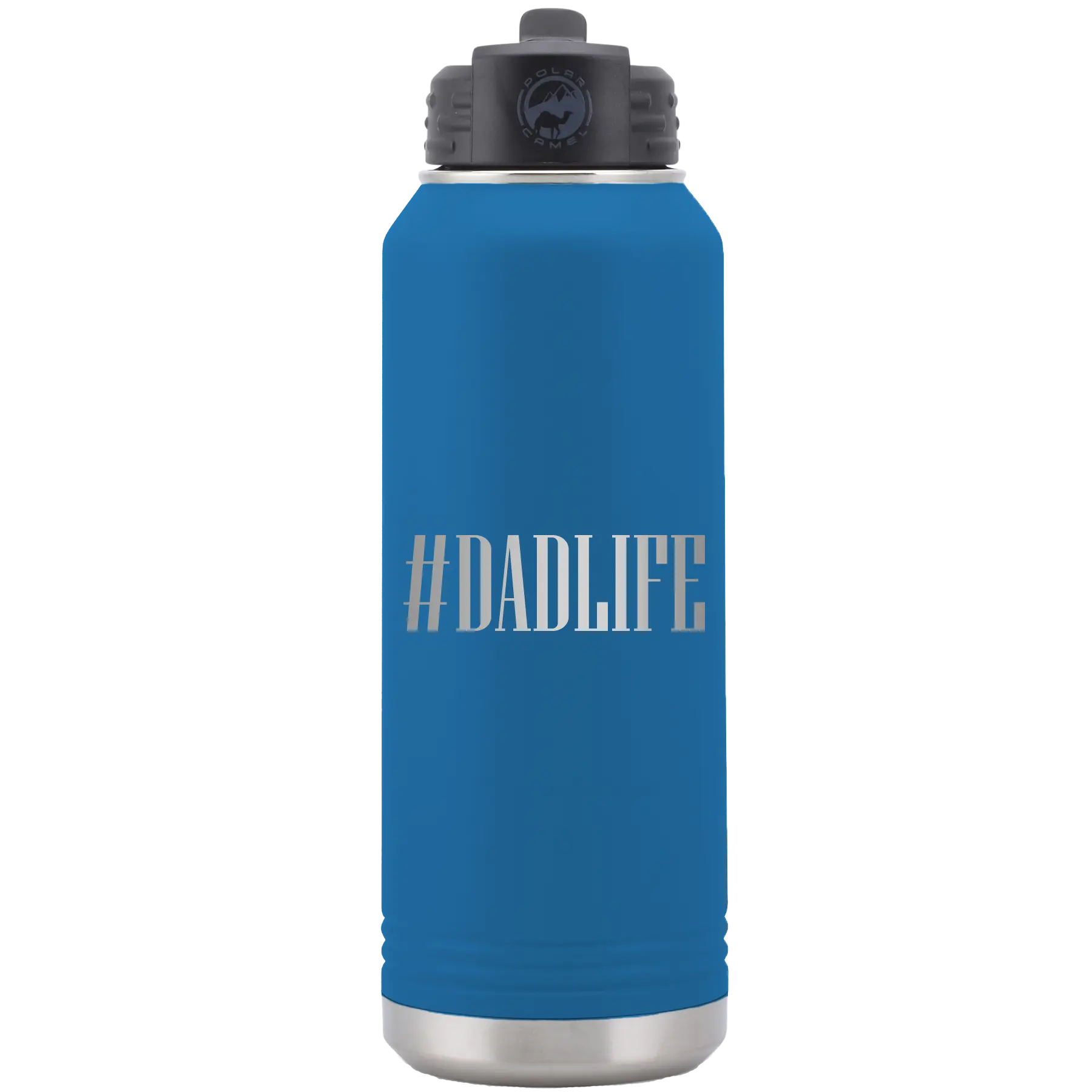 Laser etched royal blue 32 oz vacuum insulated water bottle with 'Dadlife' design