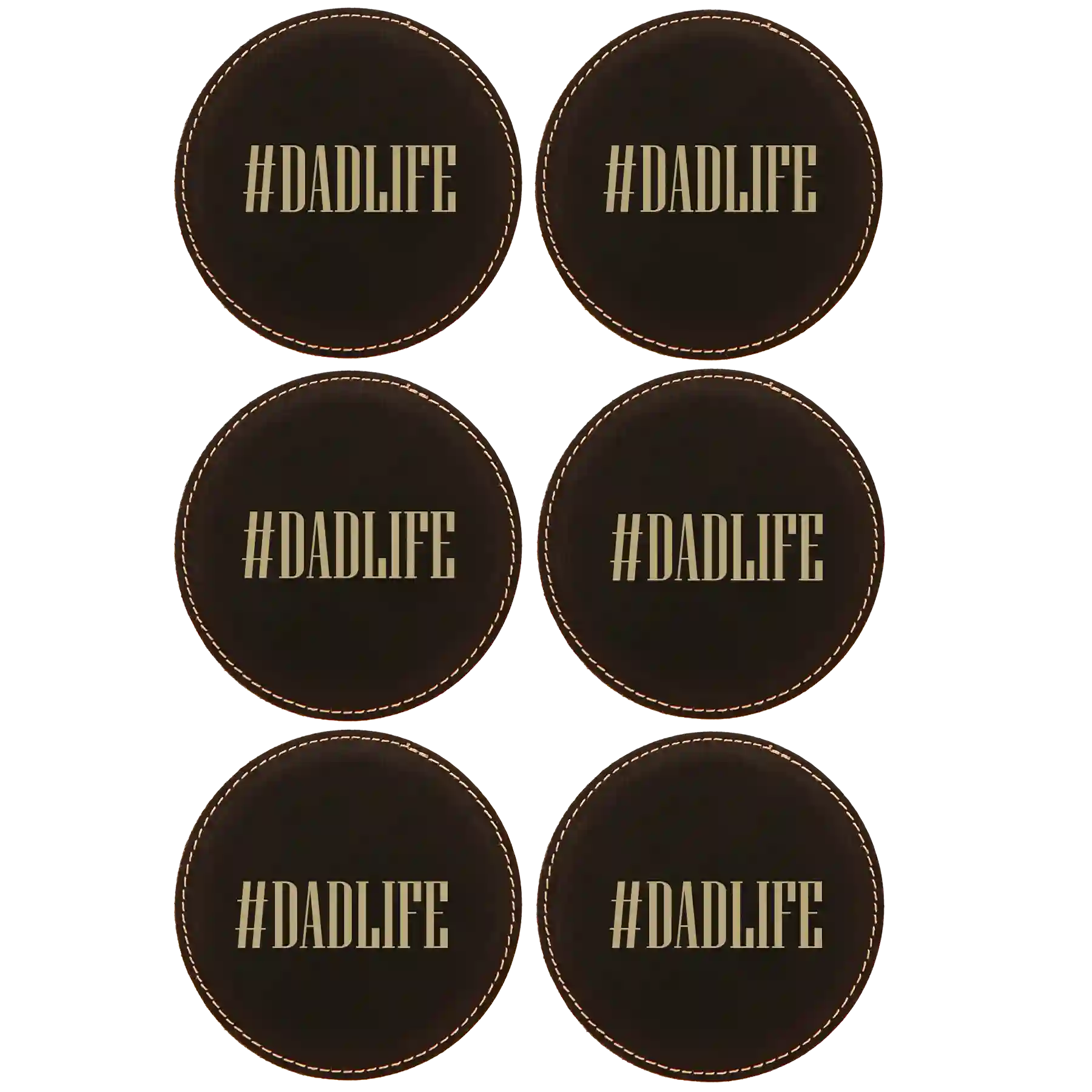 Black Gold round leatherette coasters set of 6 laser etched with 'Dadlife' design