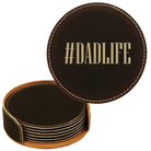 Black Gold round leatherette coasters set and holder laser etched with 'Dadlife' design