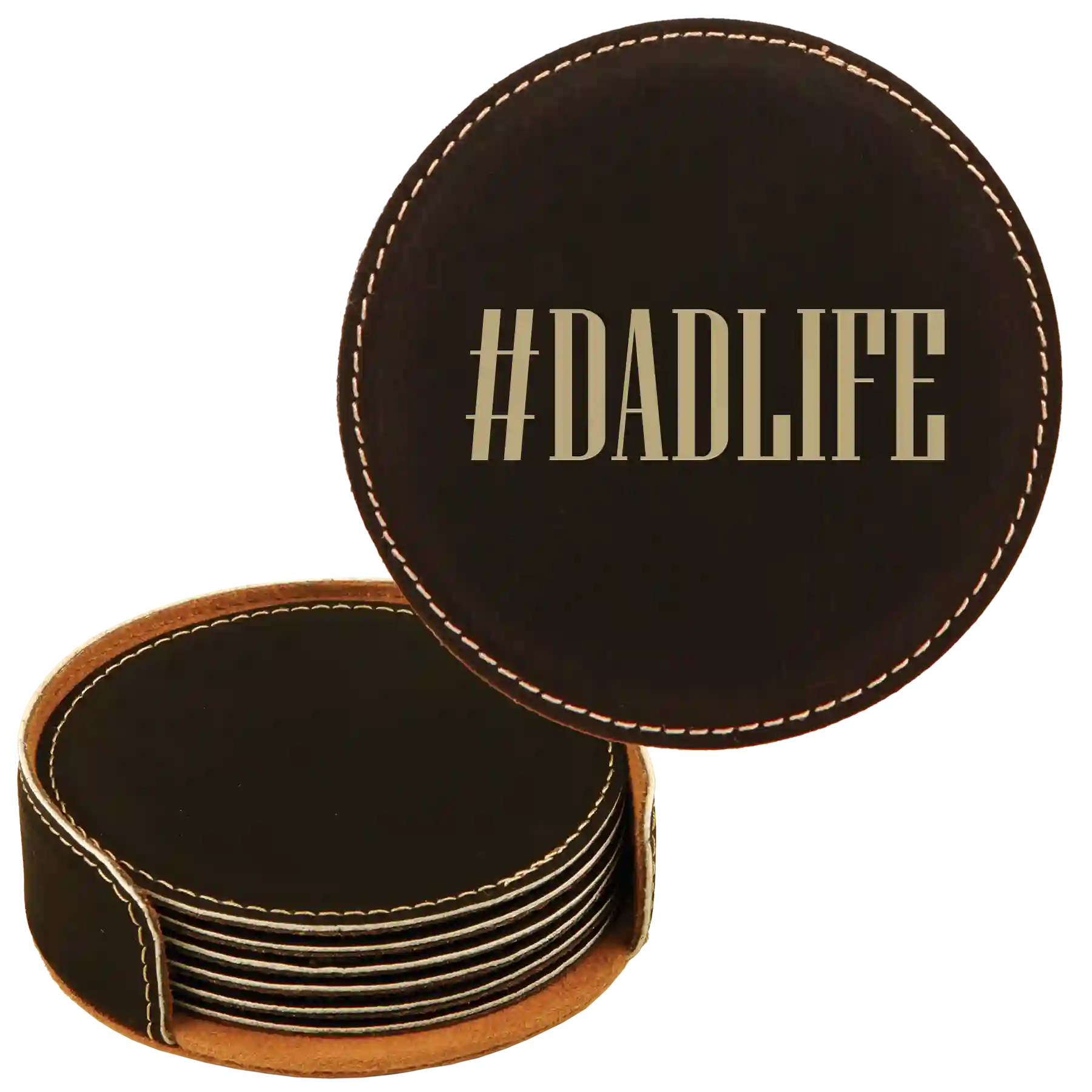 Black Gold round leatherette coasters set and holder laser etched with 'Dadlife' design