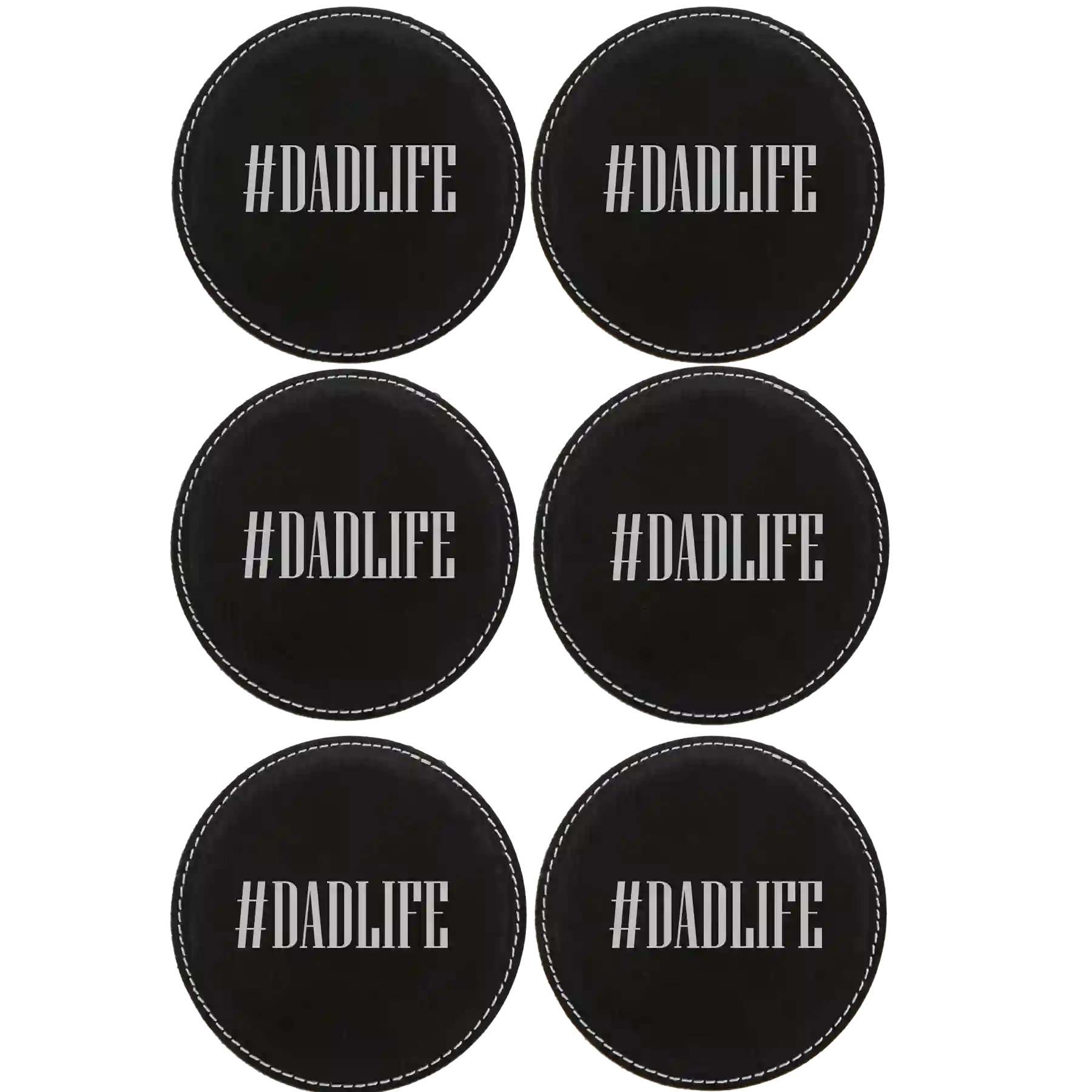 Black Silver round leatherette coasters set of 6 laser etched with 'Dadlife' design