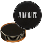 Black Silver round leatherette coasters set and holder laser etched with 'Dadlife' design