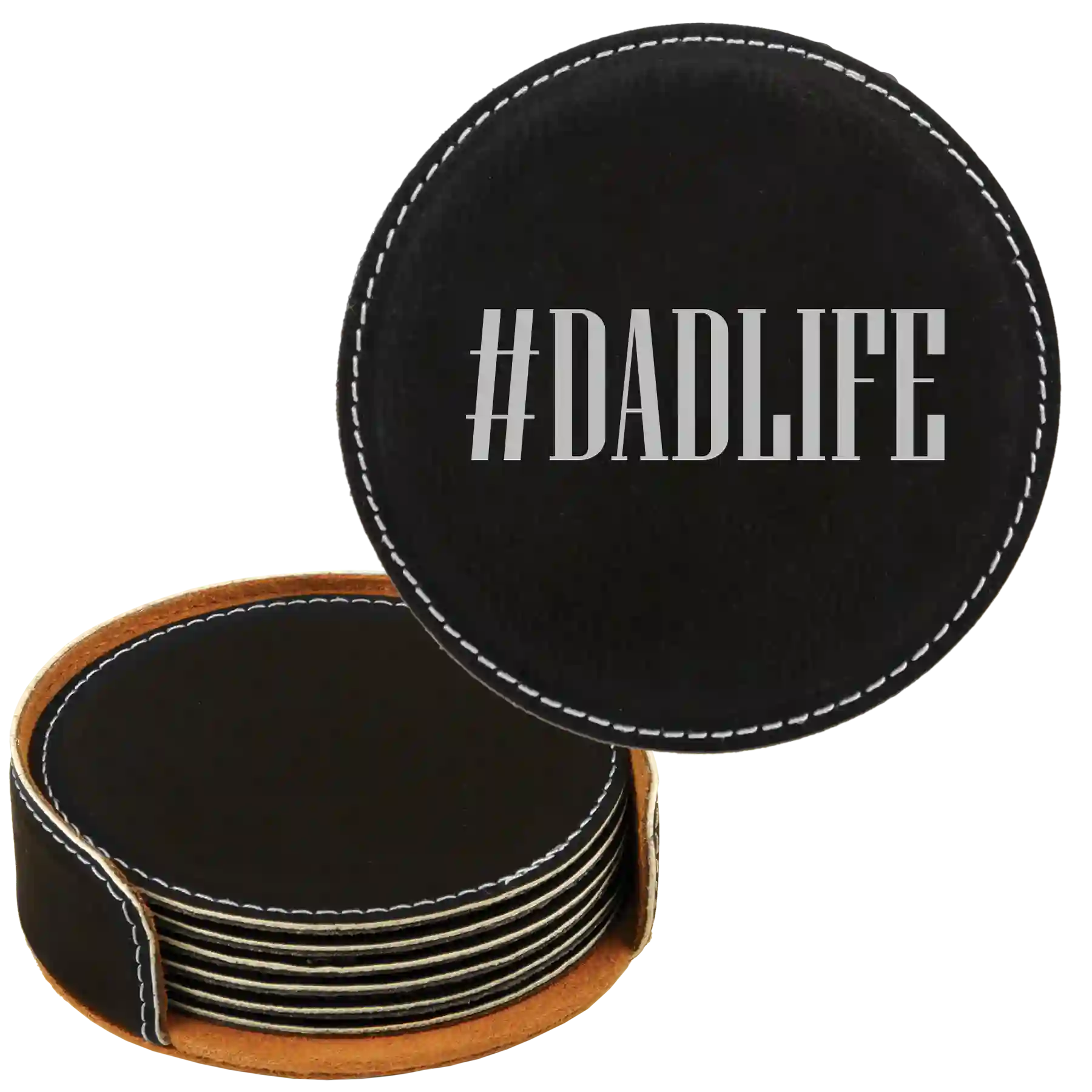 Black Silver round leatherette coasters set and holder laser etched with 'Dadlife' design