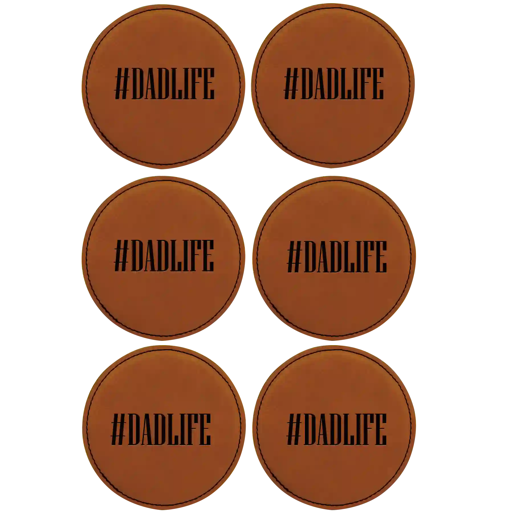 Rawhide round leatherette coasters set of 6 laser etched with 'Dadlife' design