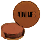 Rawhide round leatherette coasters set and holder laser etched with 'Dadlife' design