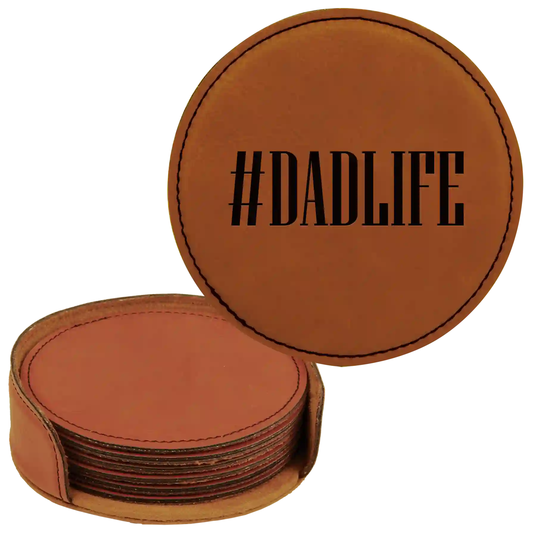 Rawhide round leatherette coasters set and holder laser etched with 'Dadlife' design