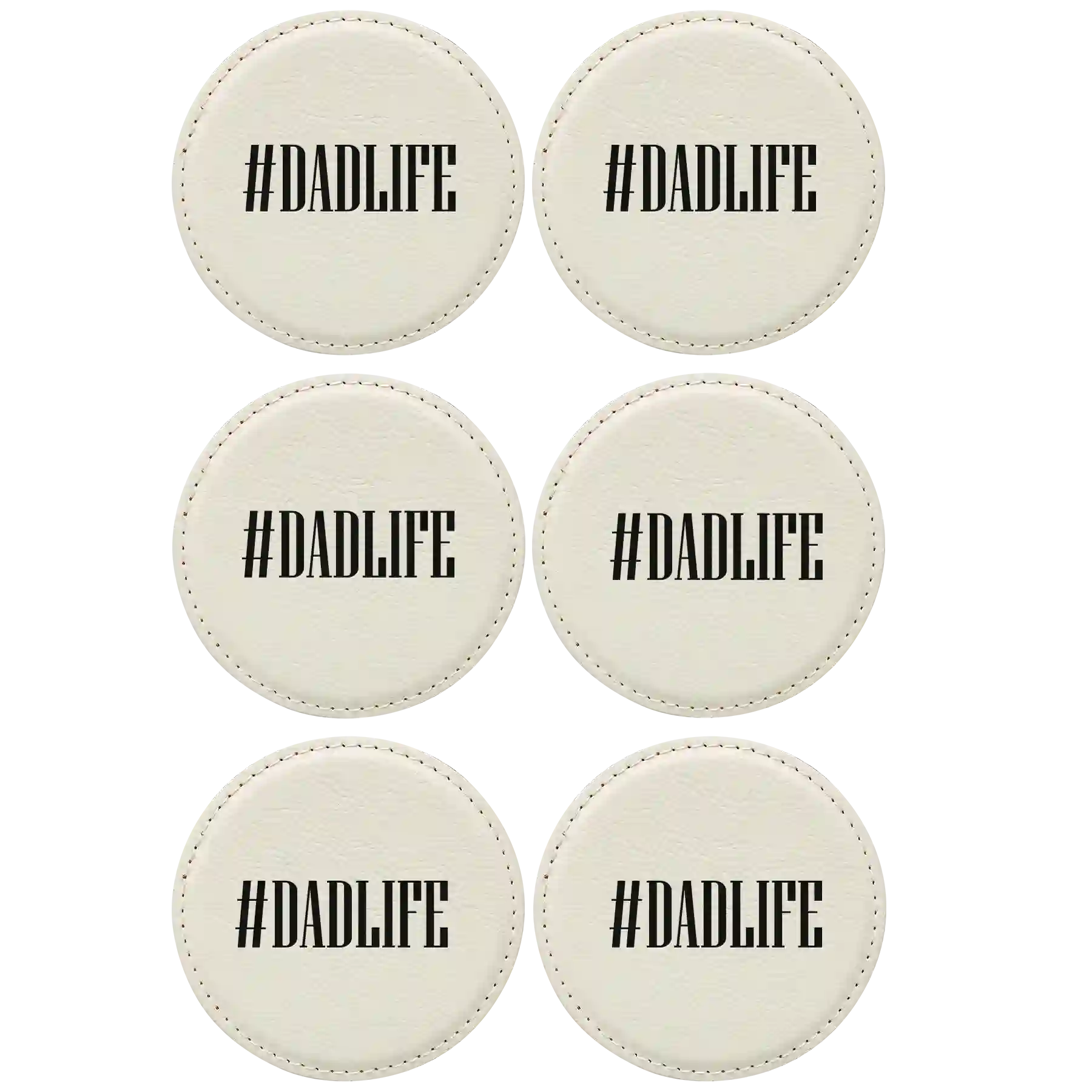 White round leatherette coasters set of 6 laser etched with 'Dadlife' design