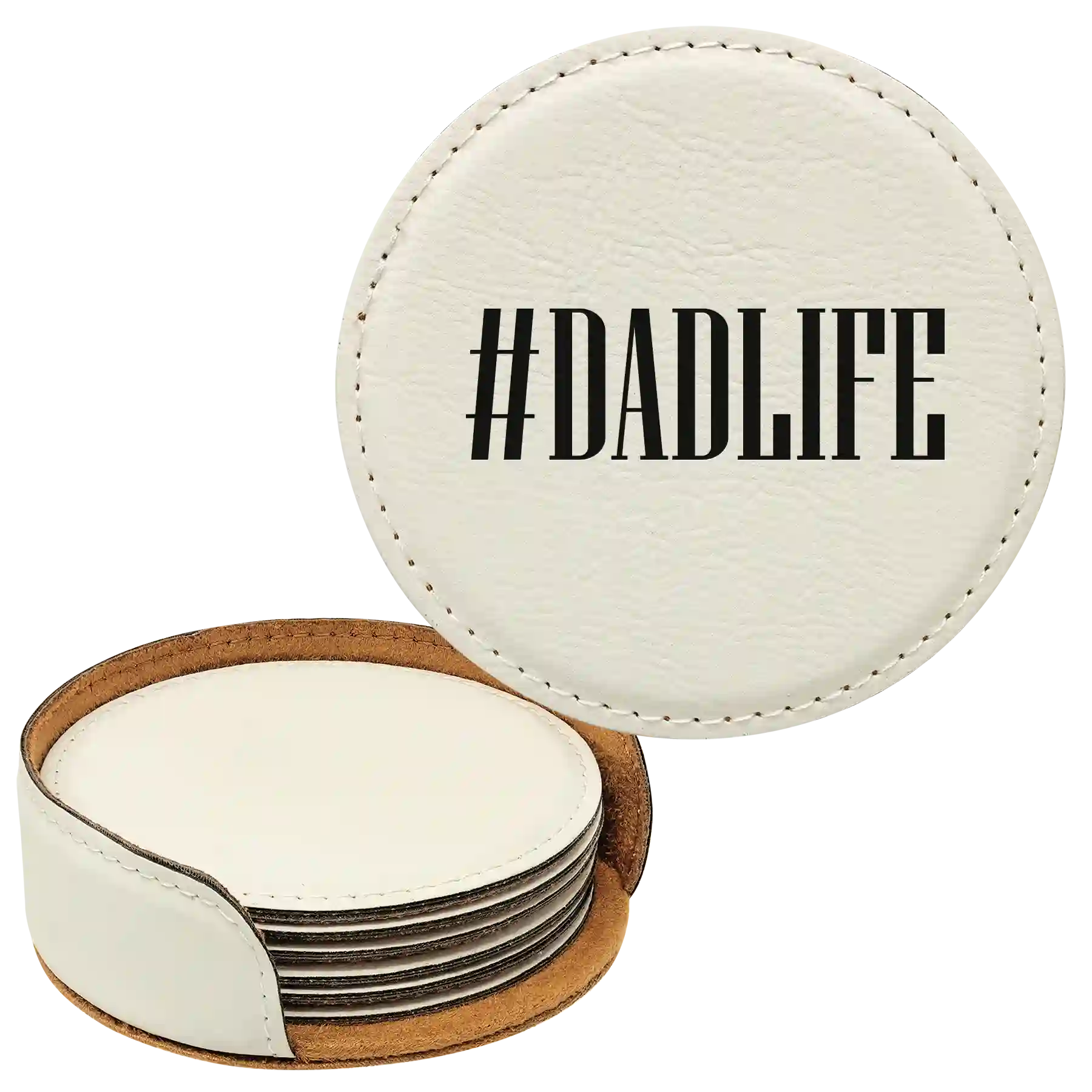 White round leatherette coasters set and holder laser etched with 'Dadlife' design