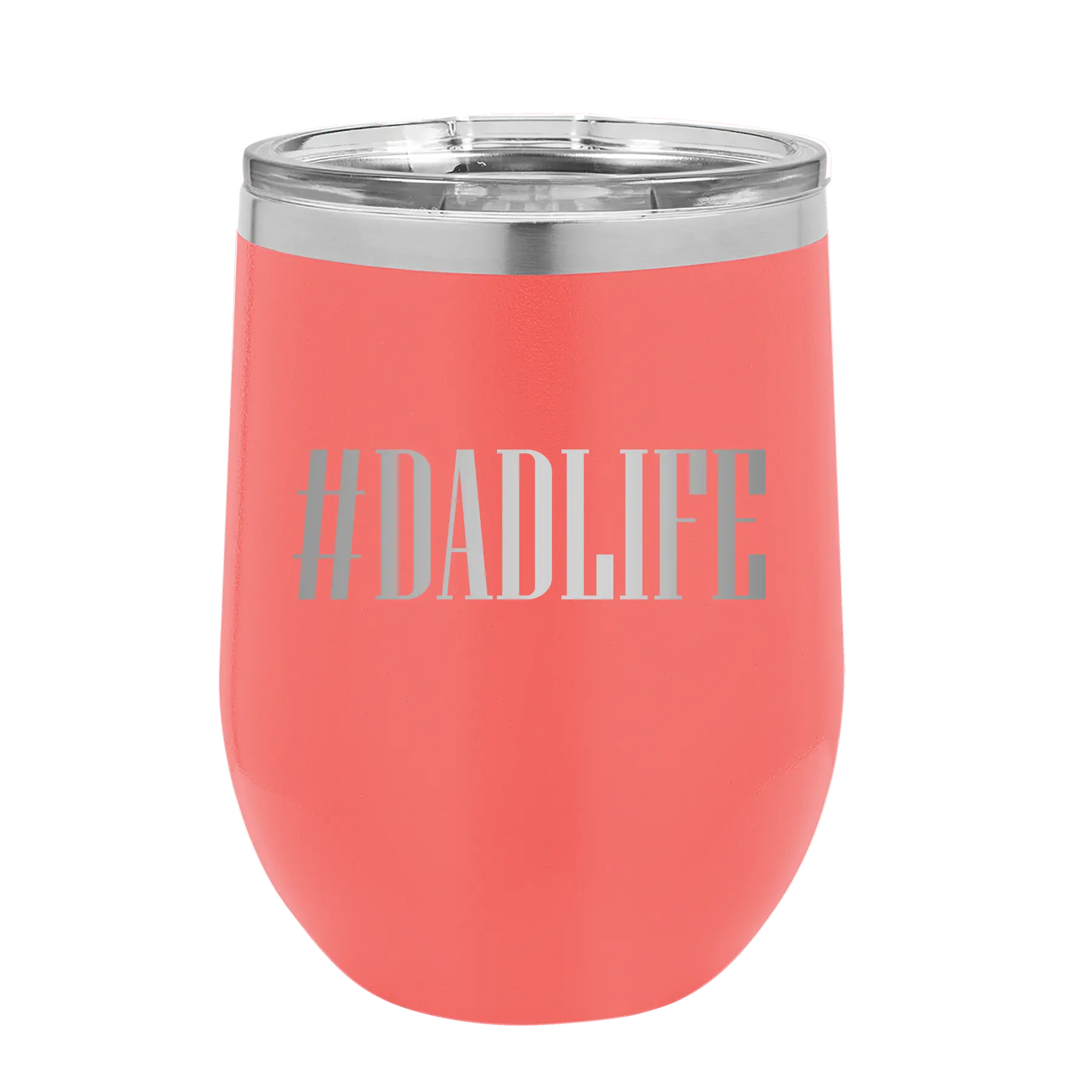 Personalized coral 12 oz vacuum insulated wine cup with etched 'Dadlife' design