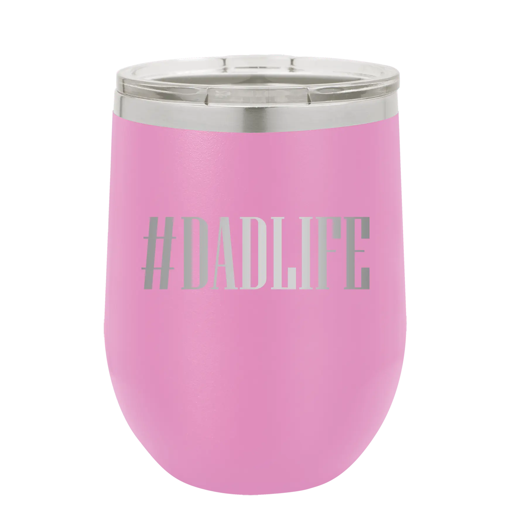 Personalized light purple 12 oz vacuum insulated wine cup with etched 'Dadlife' design