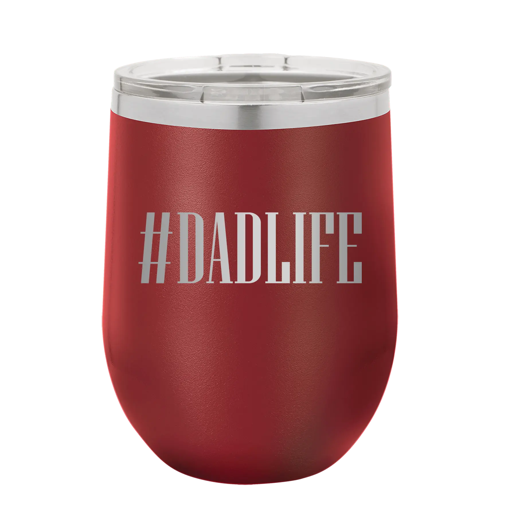 Personalized maroon 12 oz vacuum insulated wine cup with etched 'Dadlife' design