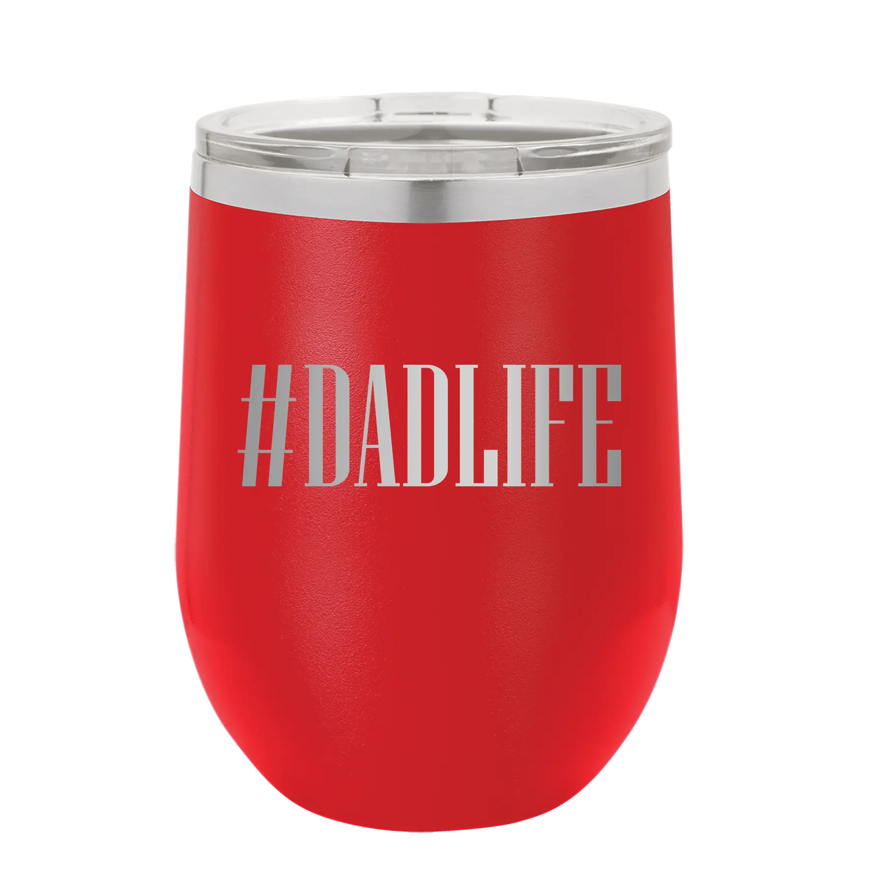 Personalized red 12 oz vacuum insulated wine cup with etched 'Dadlife' design