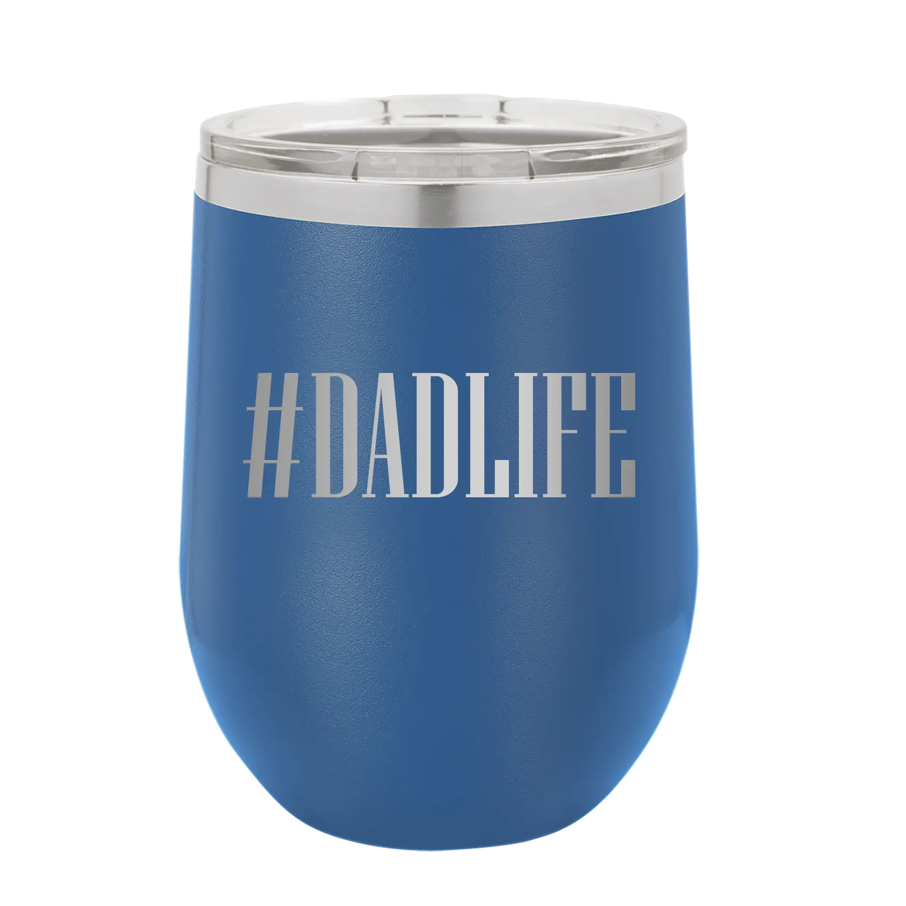 Personalized royal blue 12 oz vacuum insulated wine cup with etched 'Dadlife' design