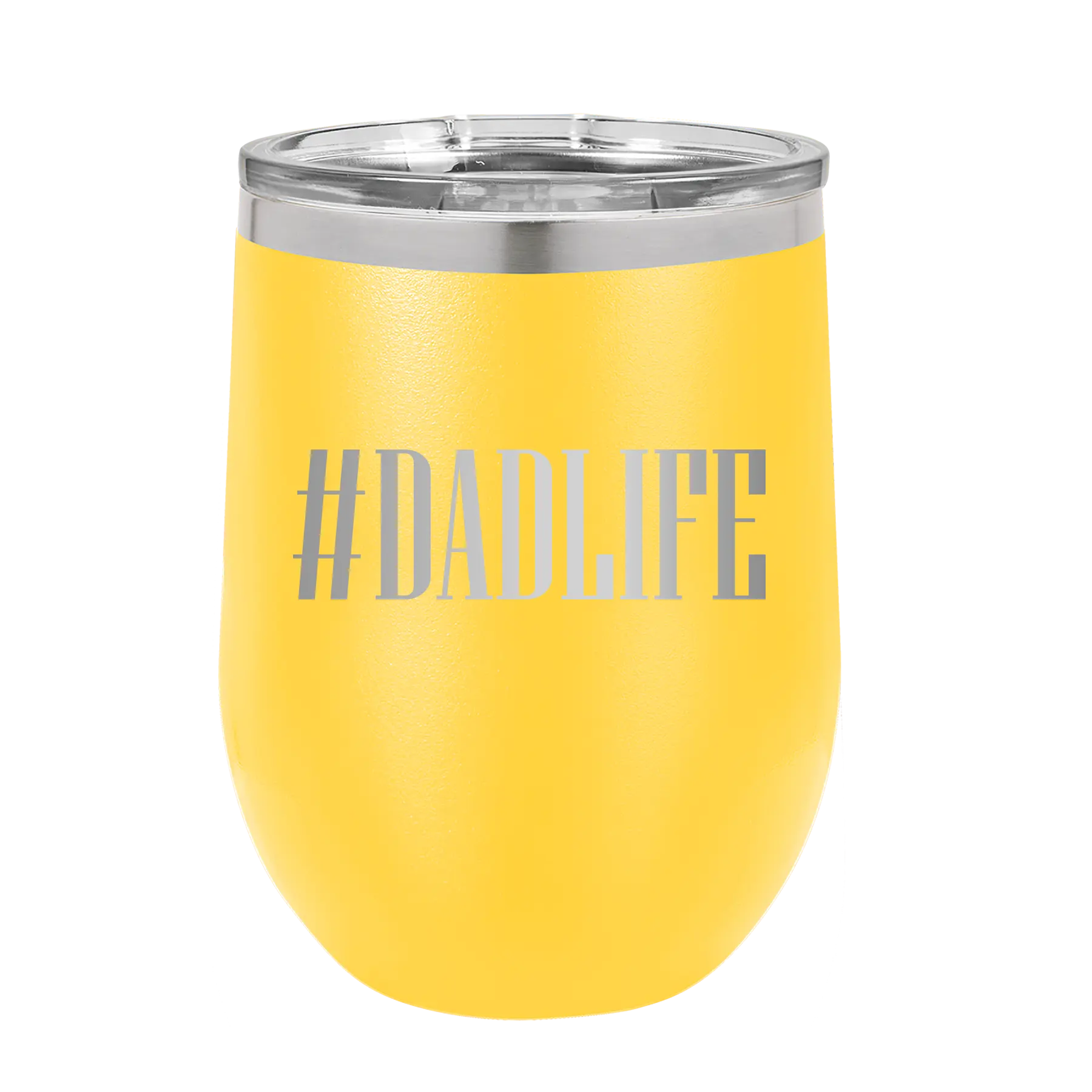 Personalized yellow 12 oz vacuum insulated wine cup with etched 'Dadlife' design