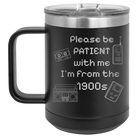 Personalized black 15 oz vacuum insulated coffee mug with etched '1900s' design