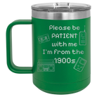 Personalized green 15 oz vacuum insulated coffee mug with etched '1900s' design