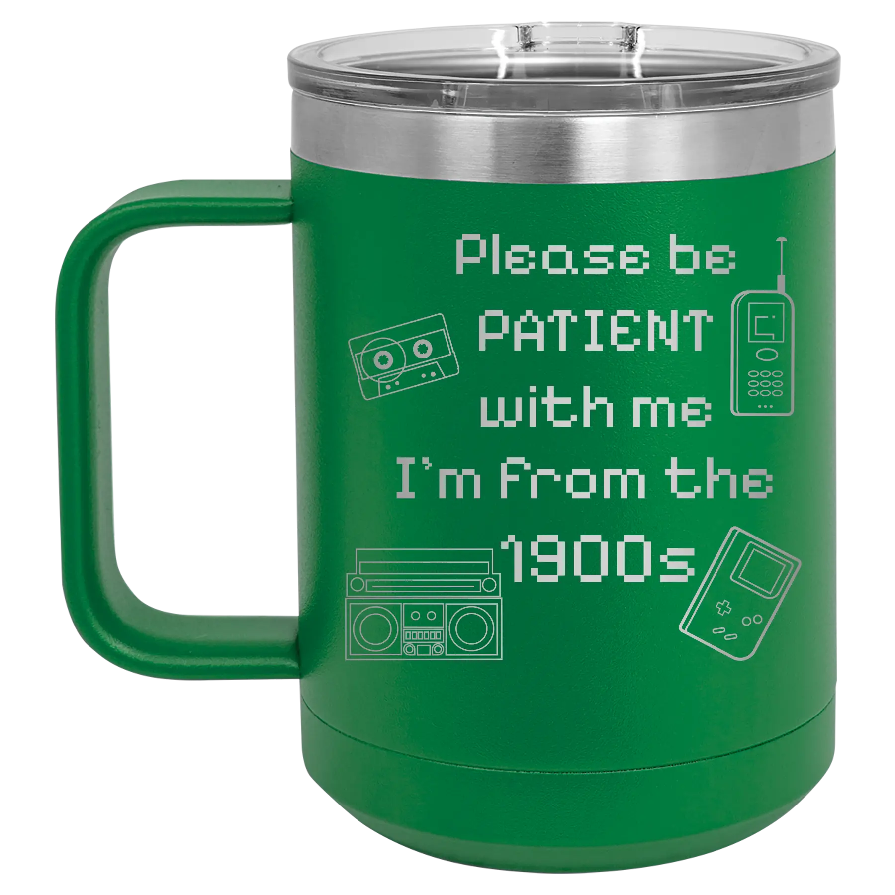 Personalized green 15 oz vacuum insulated coffee mug with etched '1900s' design