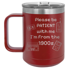 Personalized maroon 15 oz vacuum insulated coffee mug with etched '1900s' design