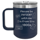 Personalized navy 15 oz vacuum insulated coffee mug with etched '1900s' design