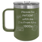 Personalized olive green 15 oz vacuum insulated coffee mug with etched '1900s' design