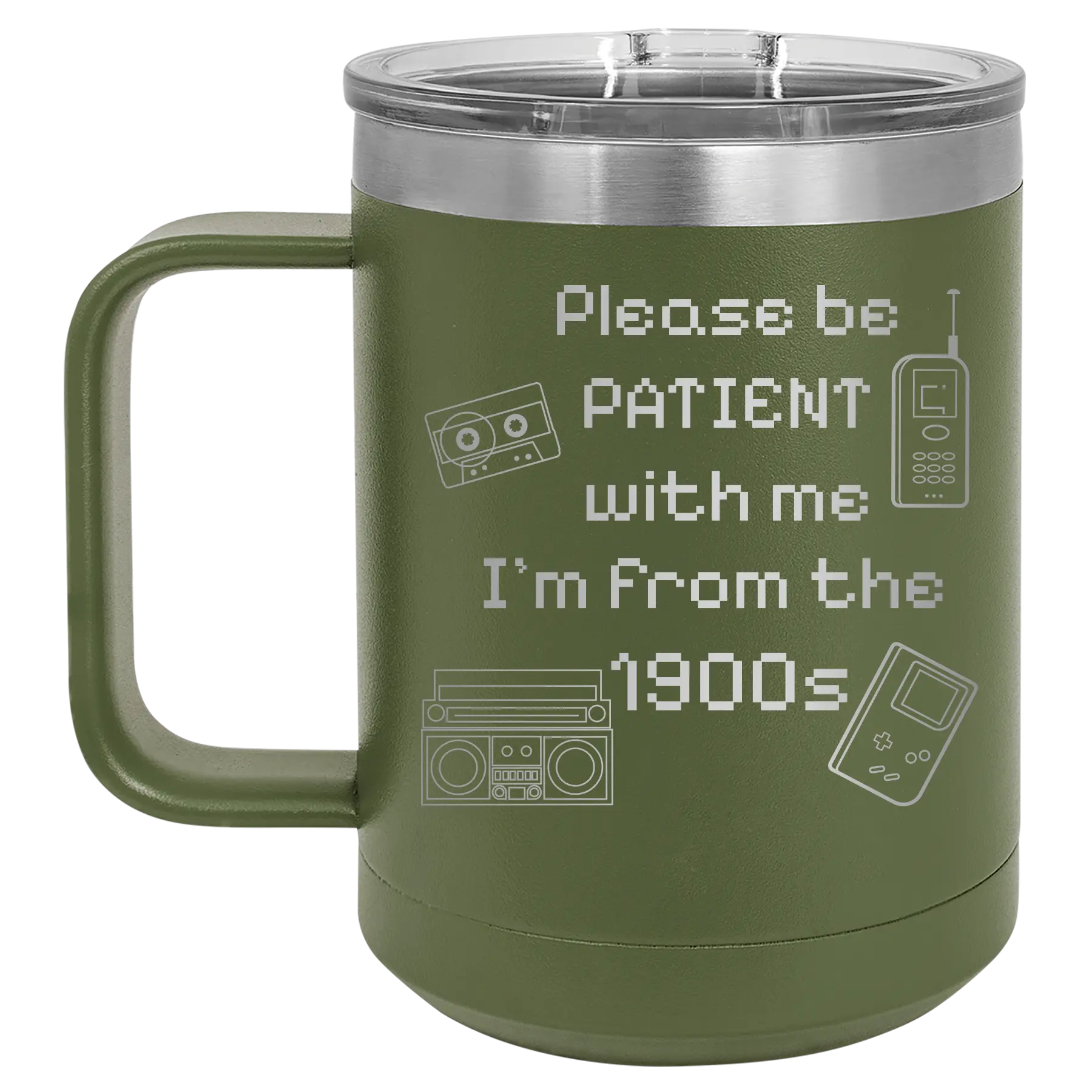 Personalized olive green 15 oz vacuum insulated coffee mug with etched '1900s' design