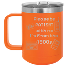 Personalized orange 15 oz vacuum insulated coffee mug with etched '1900s' design