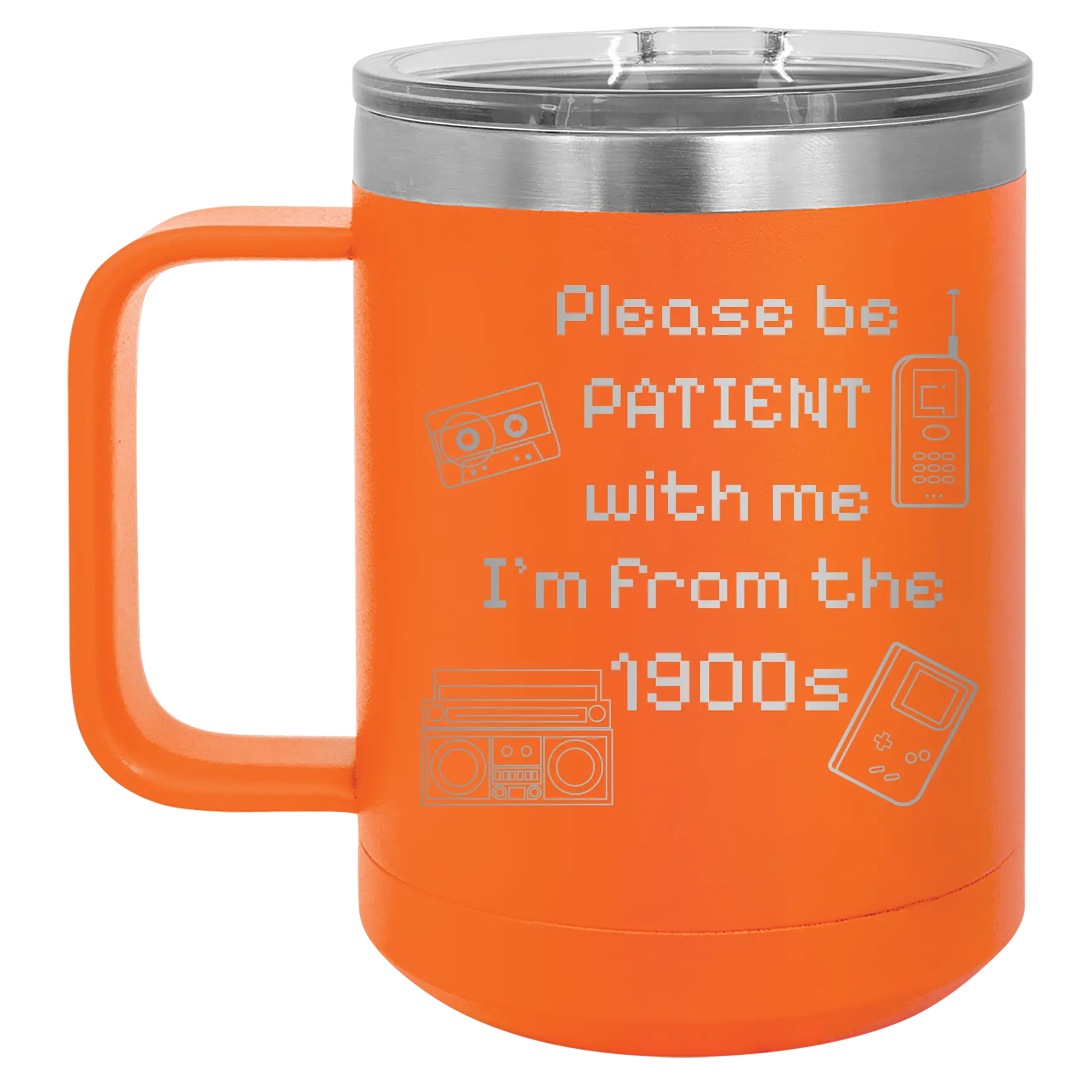 Personalized orange 15 oz vacuum insulated coffee mug with etched '1900s' design