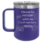 Personalized purple 15 oz vacuum insulated coffee mug with etched '1900s' design