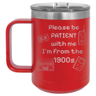 Personalized red 15 oz vacuum insulated coffee mug with etched '1900s' design