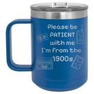 Personalized royal blue 15 oz vacuum insulated coffee mug with etched '1900s' design