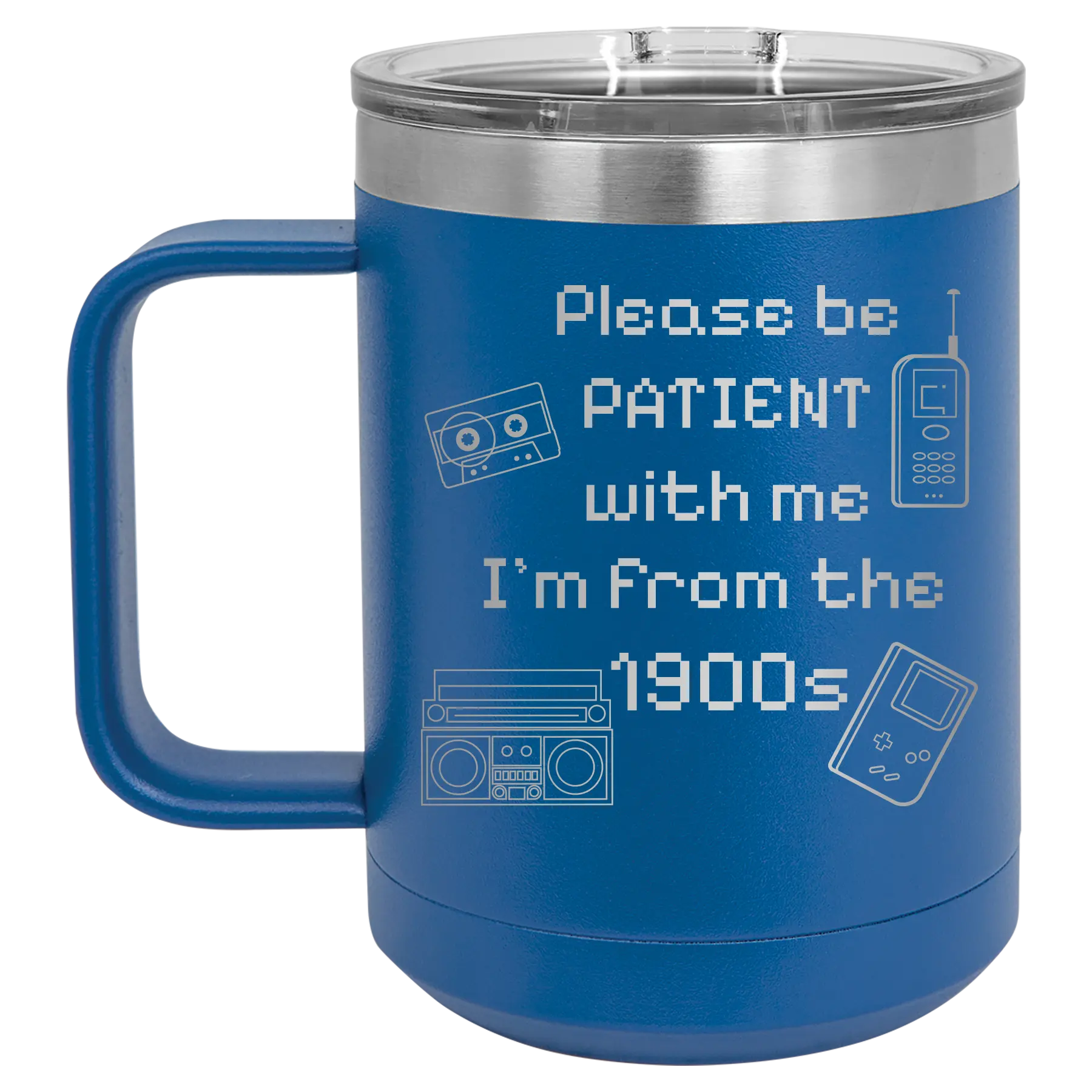 Personalized royal blue 15 oz vacuum insulated coffee mug with etched '1900s' design