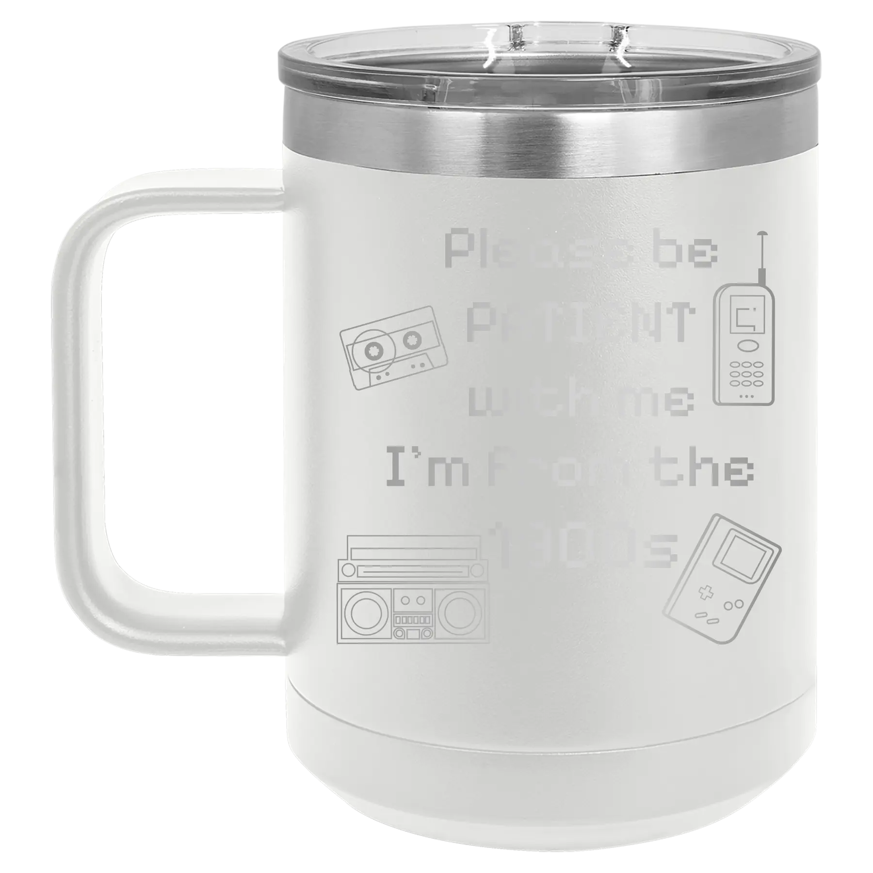 Personalized white 15 oz vacuum insulated coffee mug with etched '1900s' design