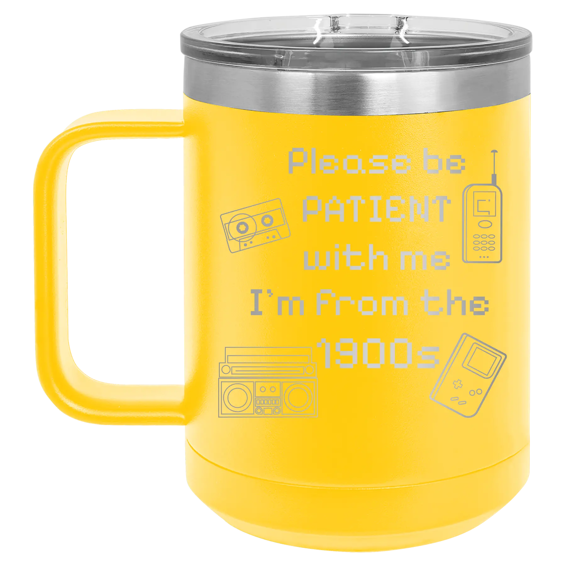 Personalized yellow 15 oz vacuum insulated coffee mug with etched '1900s' design