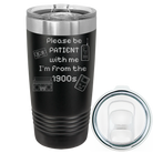 Laser etched black 20 oz vacuum insulated tumbler with '1900s' design
