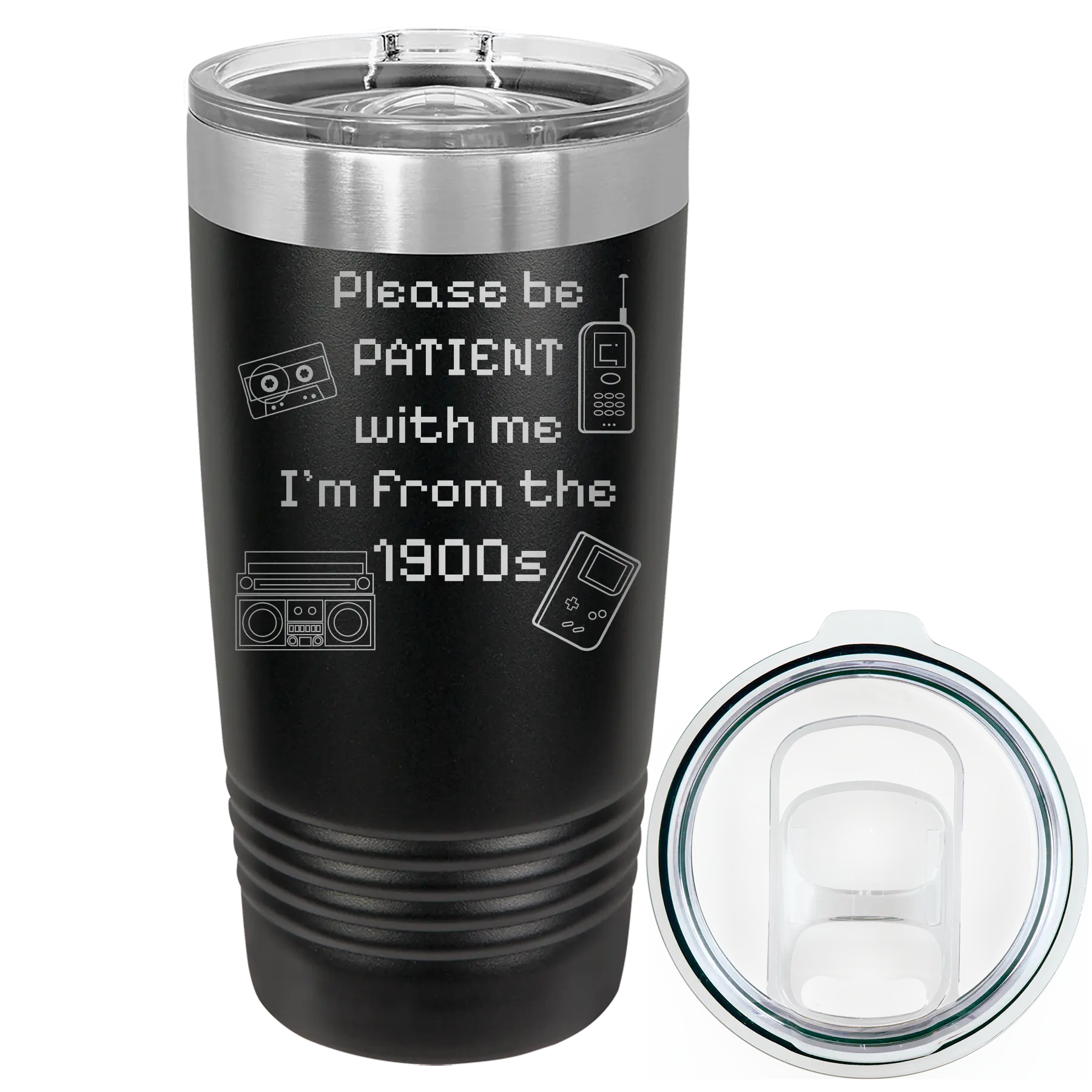 Laser etched black 20 oz vacuum insulated tumbler with '1900s' design