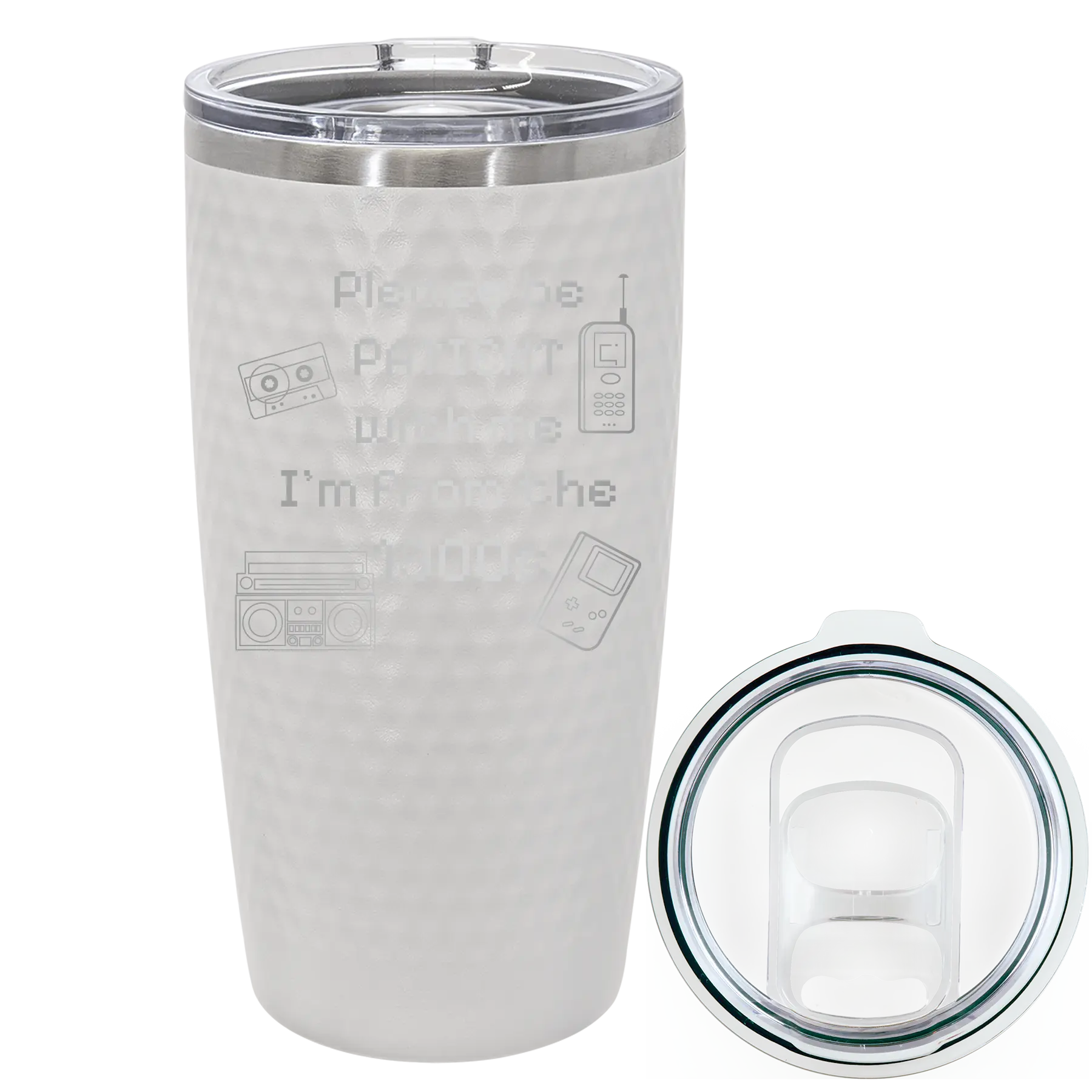 Laser etched white 20 oz golf dimples tumbler with '1900s' design