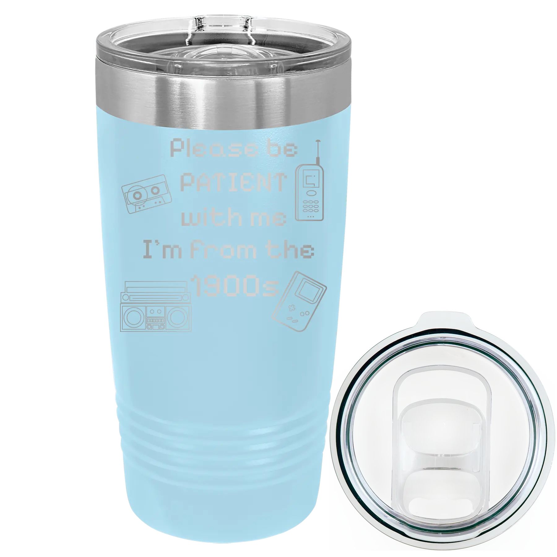 Laser etched light blue 20 oz vacuum insulated tumbler with '1900s' design