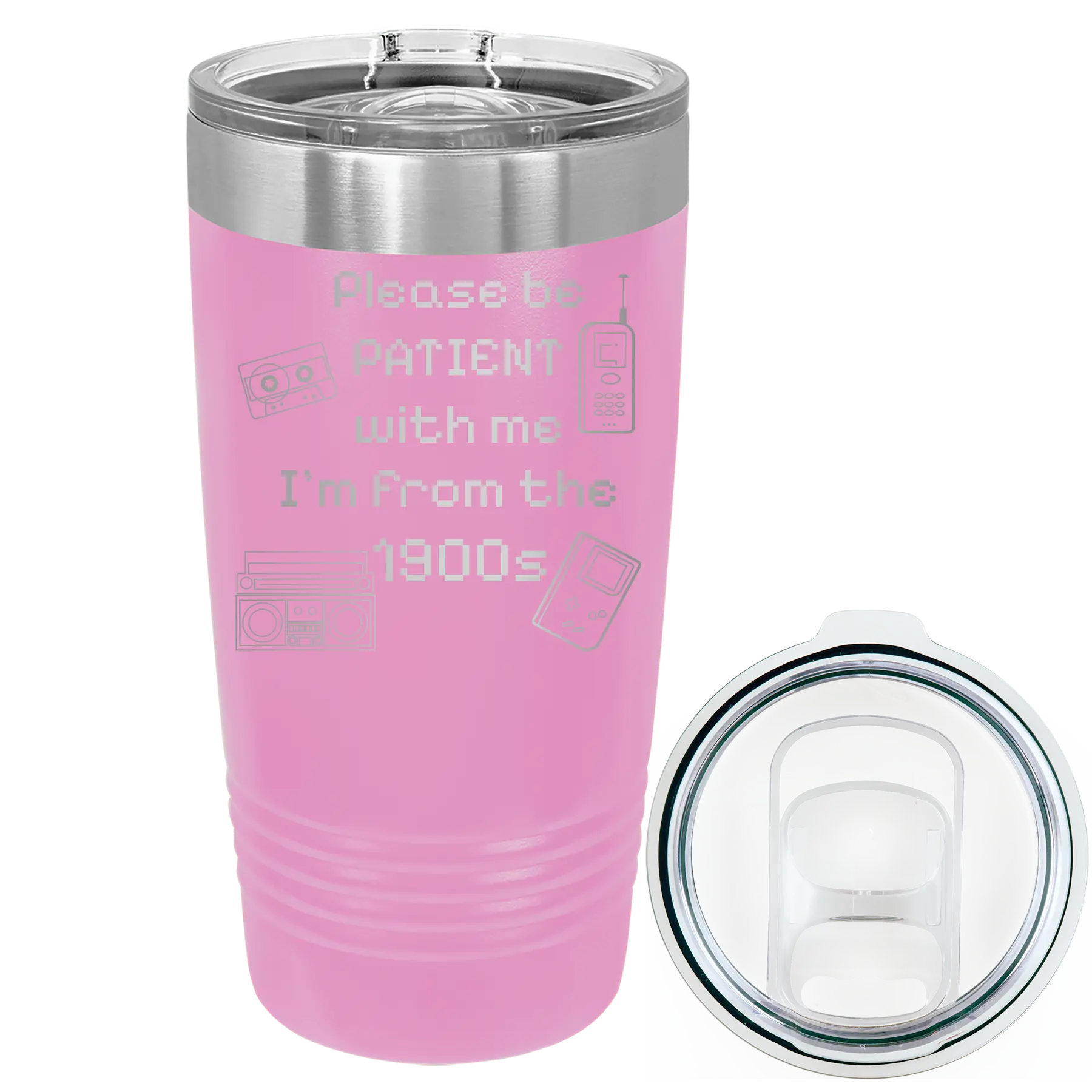 Laser etched light purple 20 oz vacuum insulated tumbler with '1900s' design