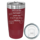 Laser etched maroon 20 oz vacuum insulated tumbler with '1900s' design
