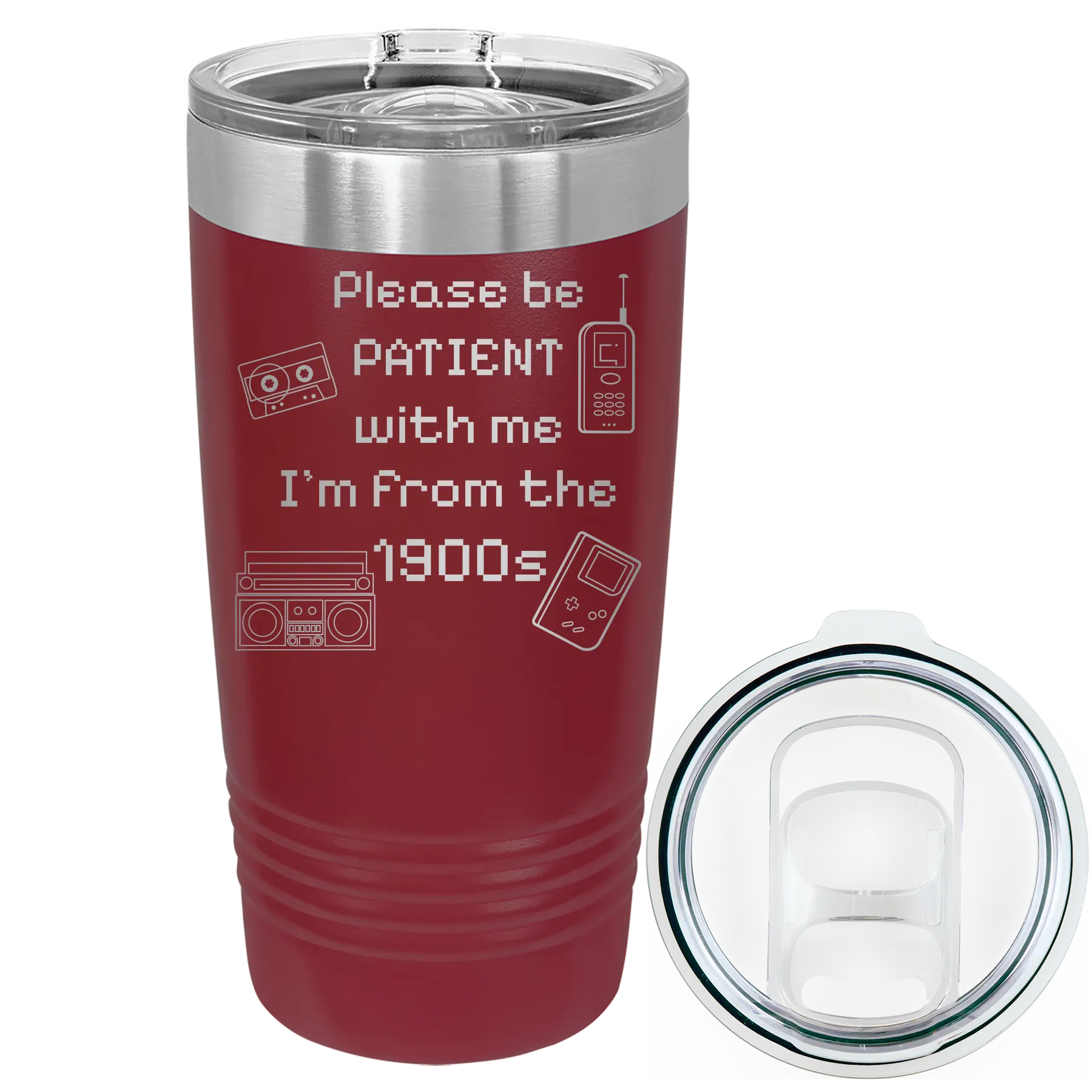 Laser etched maroon 20 oz vacuum insulated tumbler with '1900s' design
