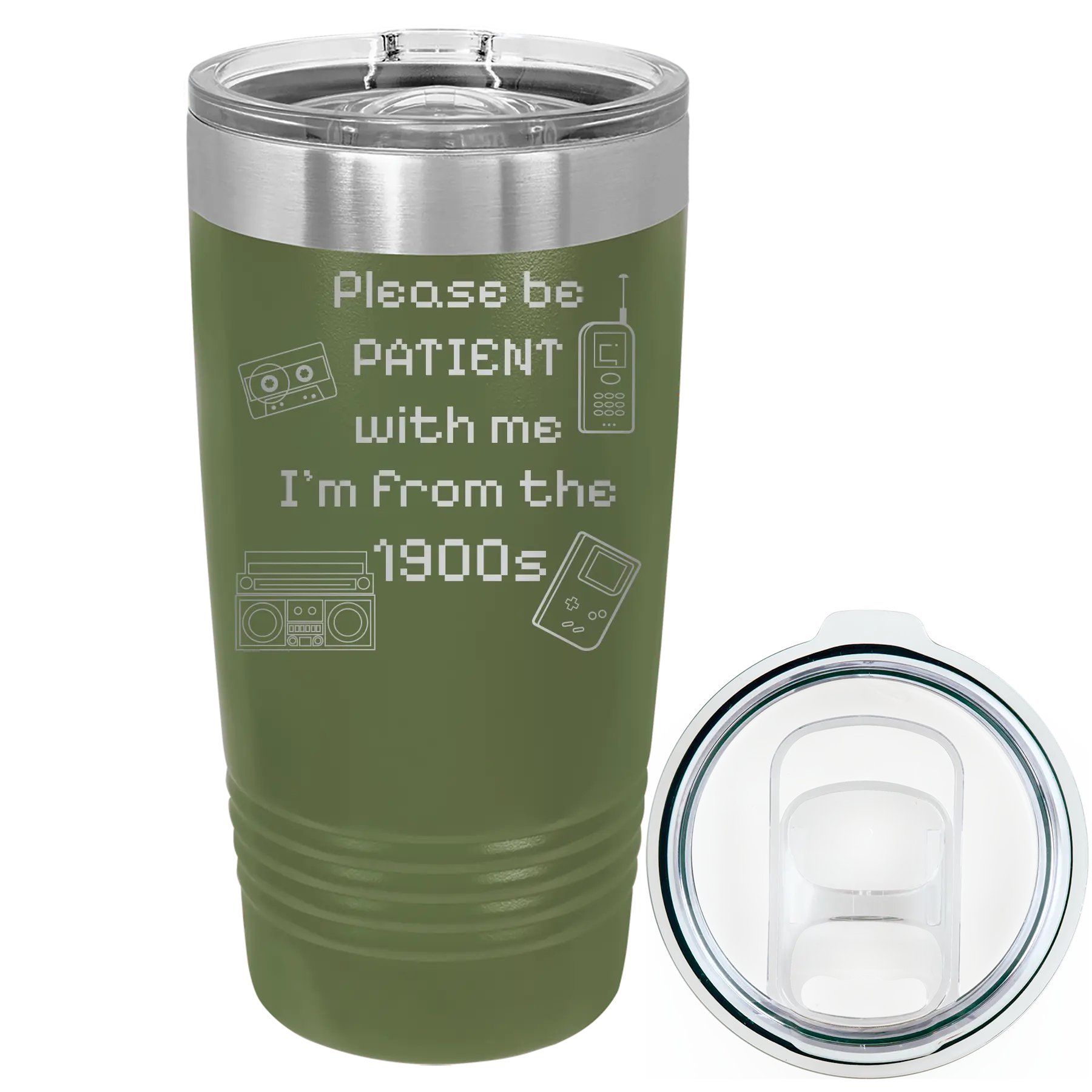 Laser etched olive green 20 oz vacuum insulated tumbler with '1900s' design
