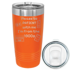 Laser etched orange 20 oz vacuum insulated tumbler with '1900s' design