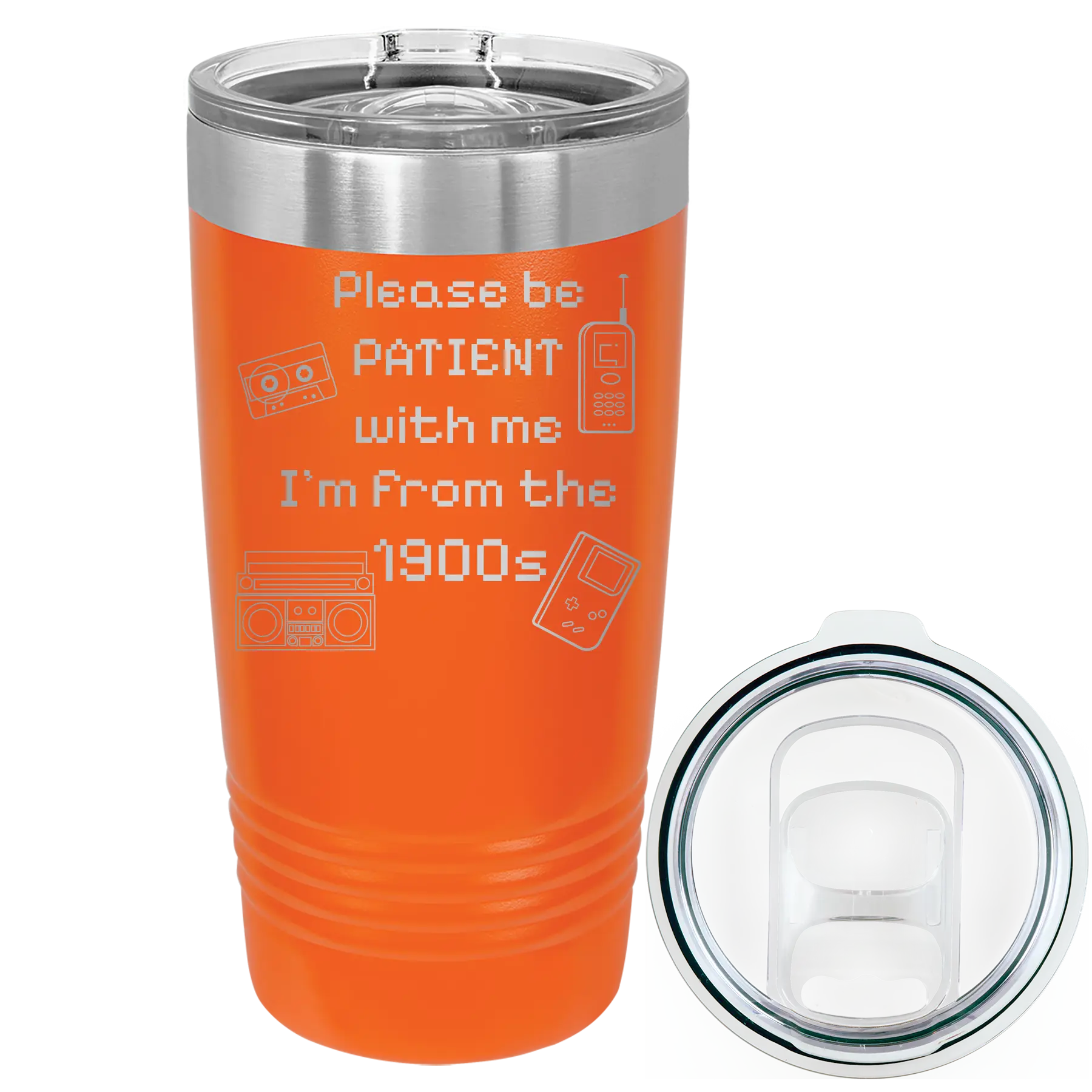 Laser etched orange 20 oz vacuum insulated tumbler with '1900s' design
