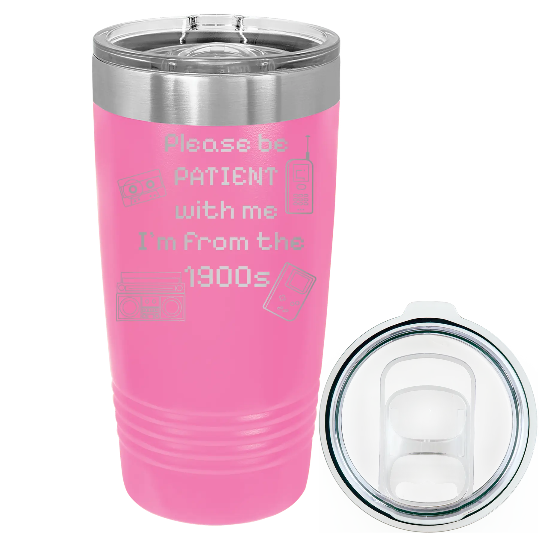 Laser etched pink 20 oz vacuum insulated tumbler with '1900s' design