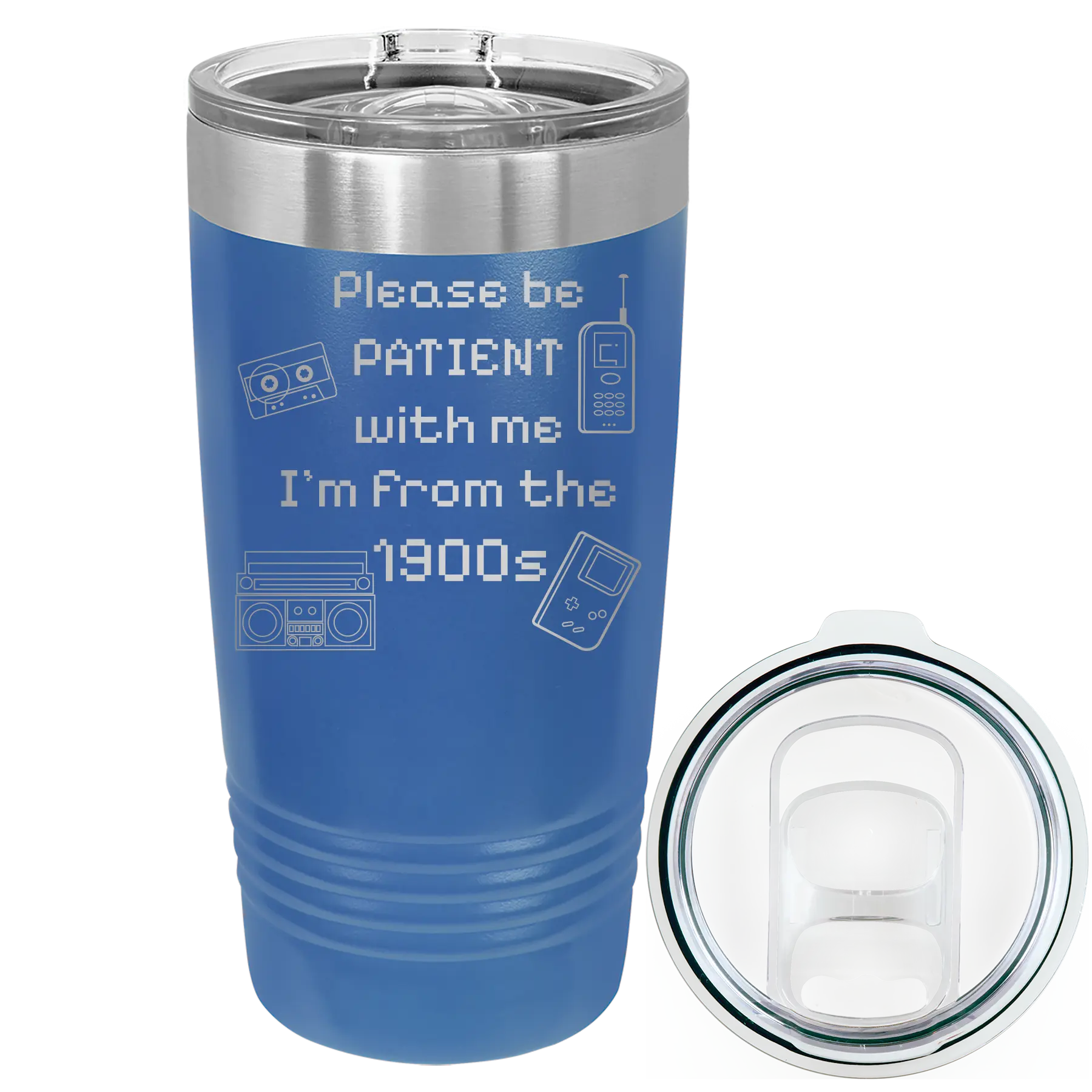 Laser etched royal blue 20 oz vacuum insulated tumbler with '1900s' design