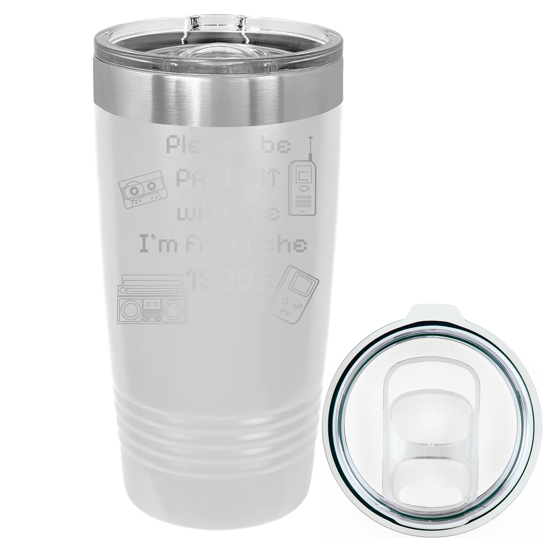 Laser etched white 20 oz vacuum insulated tumbler with '1900s' design