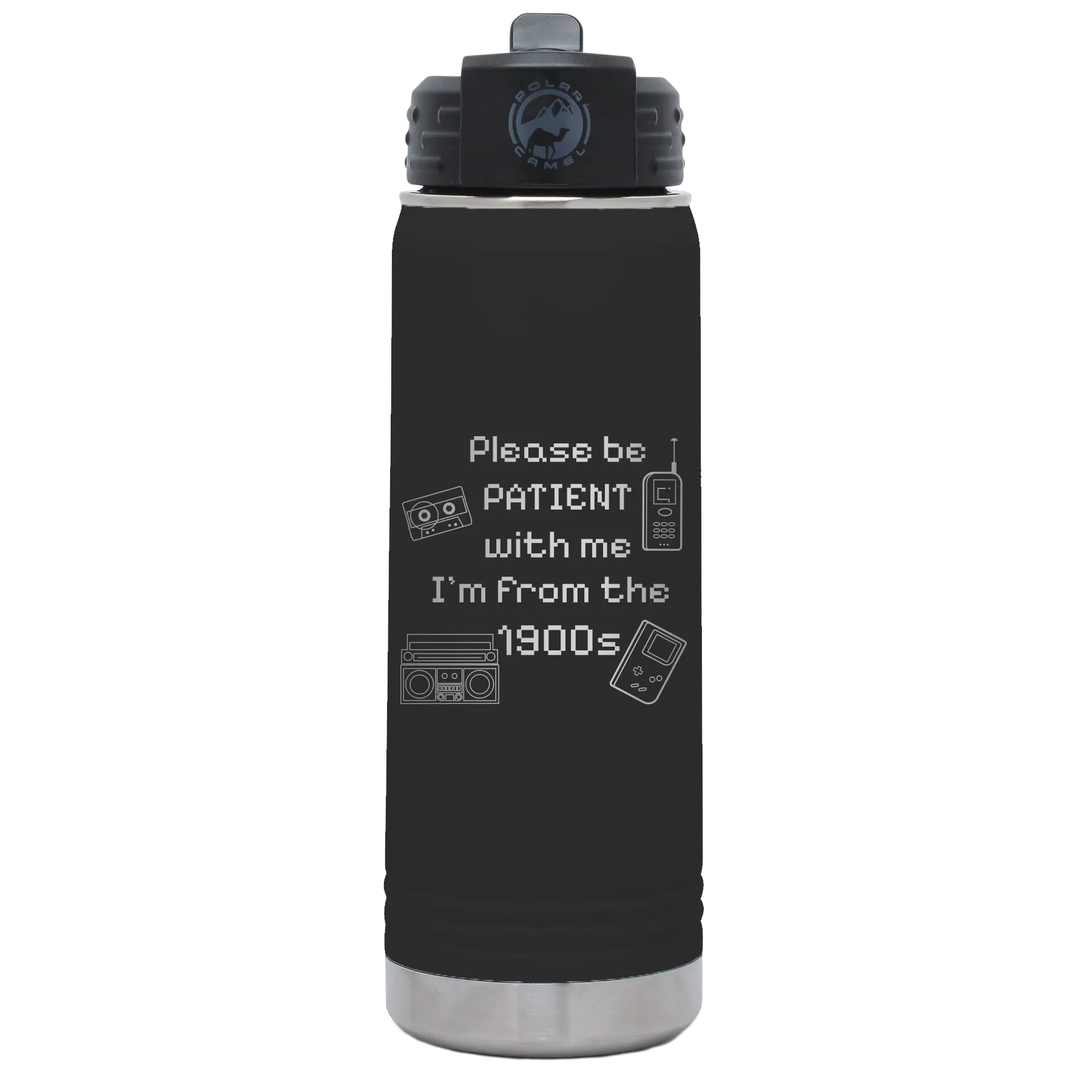 Laser etched black 20 oz vacuum insulated water bottle with '1900s' design